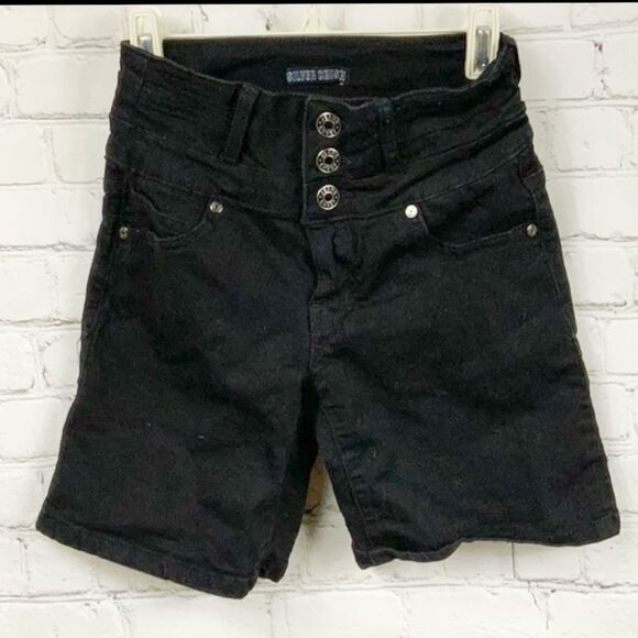 Silver Crush High Waisted Black Stretchy 3-button Shorts Roll Cuffs Pockets 0/24 - Picture 5 of 5